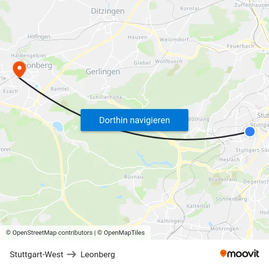Stuttgart-West to Leonberg map