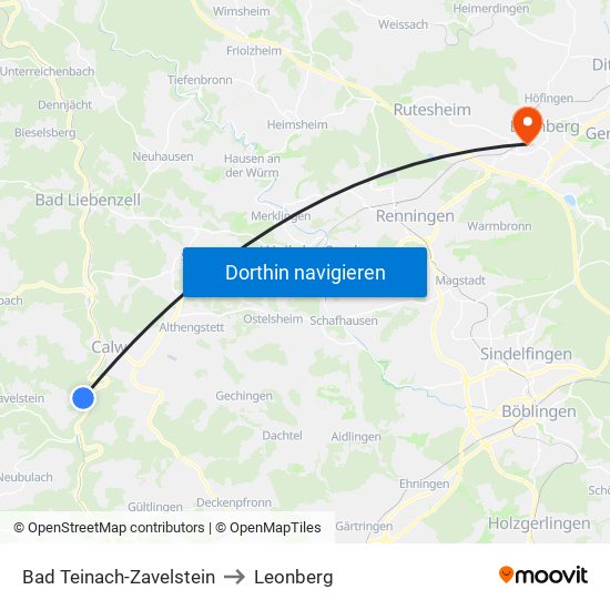 Bad Teinach-Zavelstein to Leonberg map