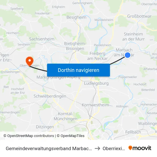Gemeindeverwaltungsverband Marbach am Neckar to Oberriexingen map