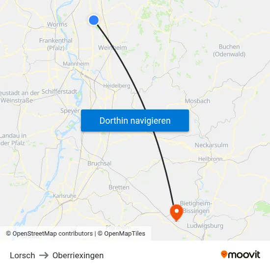 Lorsch to Oberriexingen map