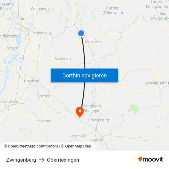 Zwingenberg to Oberriexingen map
