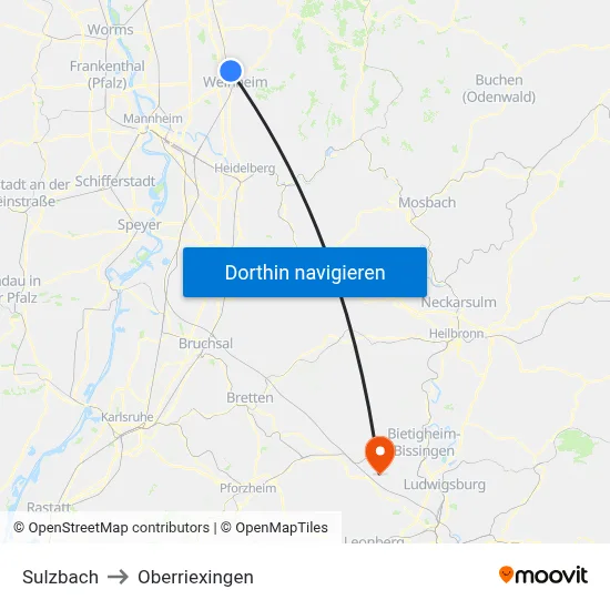 Sulzbach to Oberriexingen map