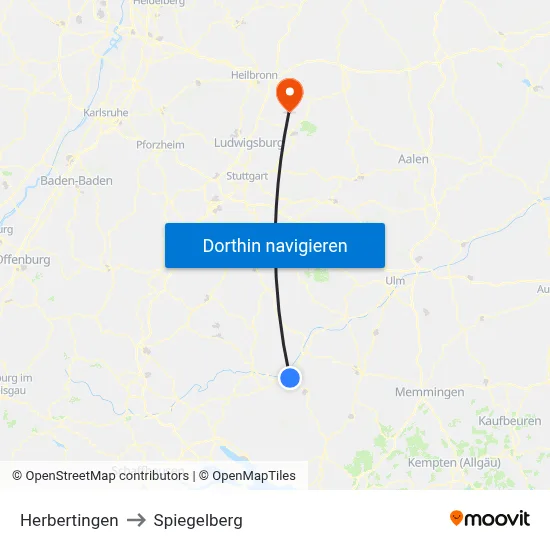 Herbertingen to Spiegelberg map