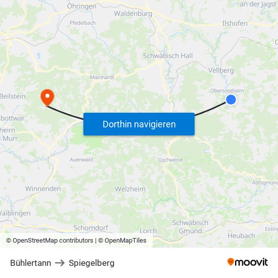 Bühlertann to Spiegelberg map