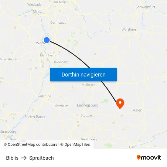 Biblis to Spraitbach map