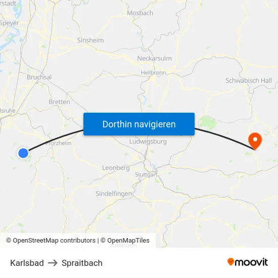 Karlsbad to Spraitbach map