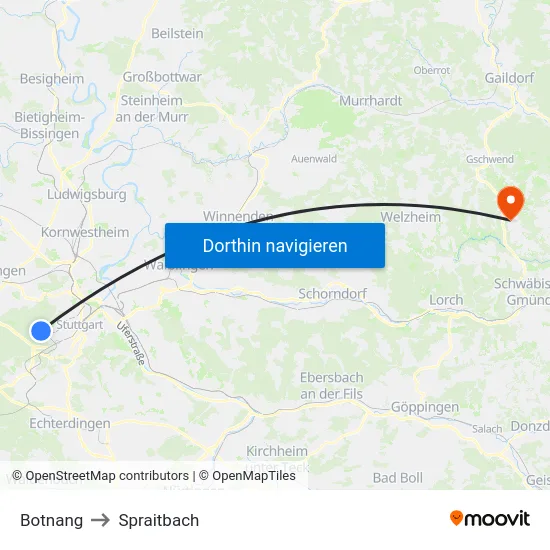 Botnang to Spraitbach map
