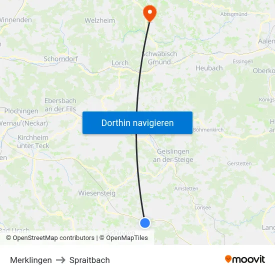 Merklingen to Spraitbach map