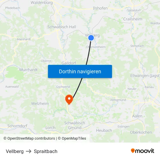 Vellberg to Spraitbach map