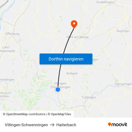 Villingen-Schwenningen to Haiterbach map