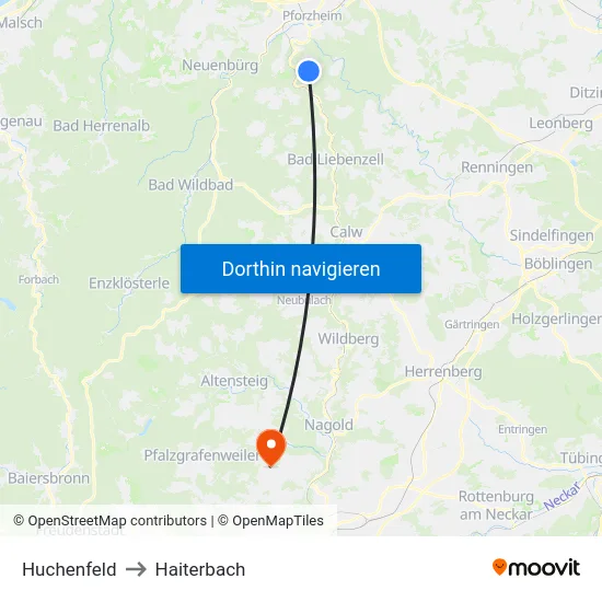 Huchenfeld to Haiterbach map