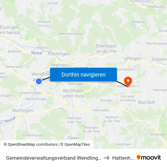 Gemeindeverwaltungsverband Wendlingen am Neckar to Hattenhofen map