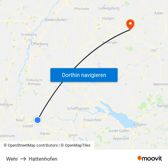 Wehr to Hattenhofen map