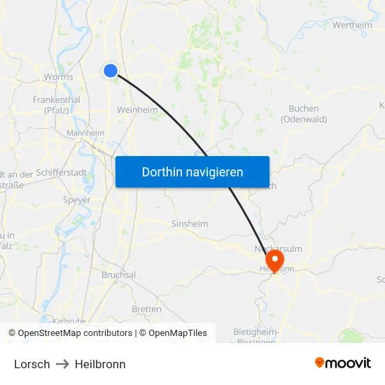 Lorsch to Heilbronn map