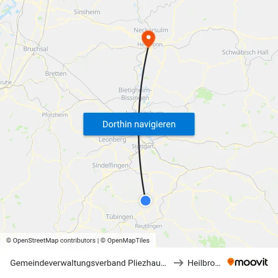 Gemeindeverwaltungsverband Pliezhausen to Heilbronn map