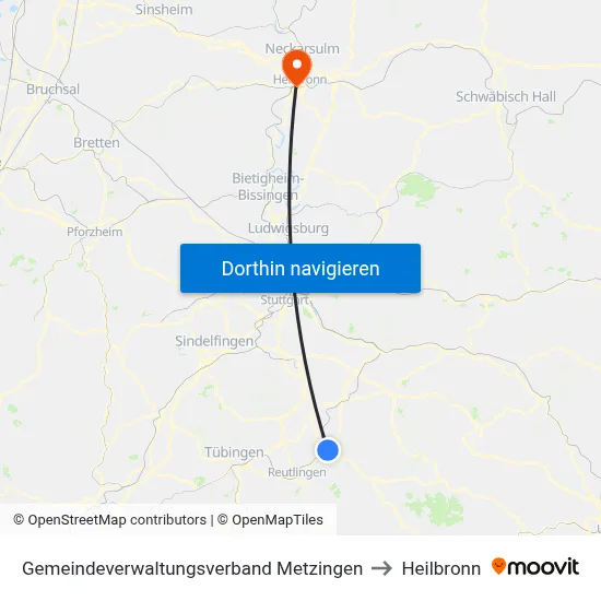 Gemeindeverwaltungsverband Metzingen to Heilbronn map