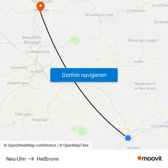 Neu-Ulm to Heilbronn map