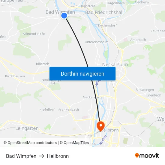 Bad Wimpfen to Heilbronn map