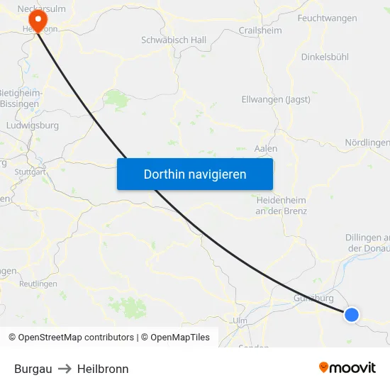 Burgau to Heilbronn map