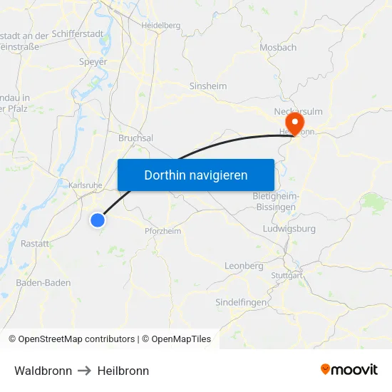 Waldbronn to Heilbronn map