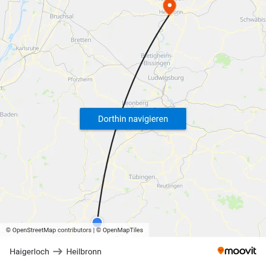 Haigerloch to Heilbronn map