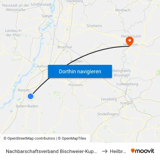 Nachbarschaftsverband Bischweier-Kuppenheim to Heilbronn map