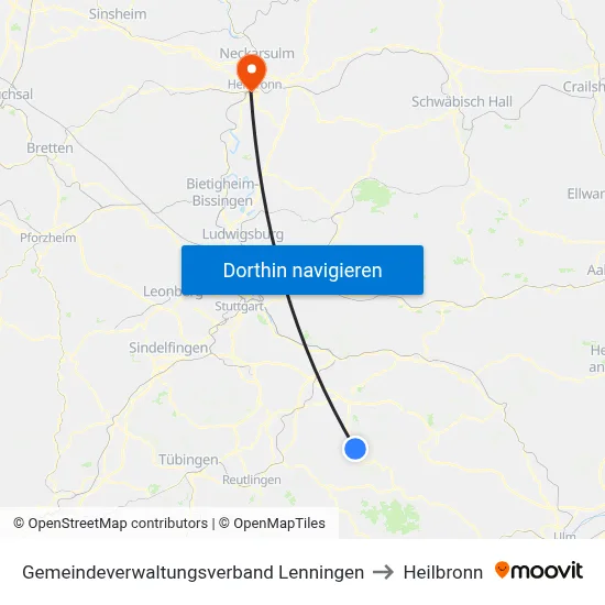 Gemeindeverwaltungsverband Lenningen to Heilbronn map