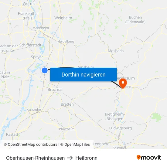 Oberhausen-Rheinhausen to Heilbronn map