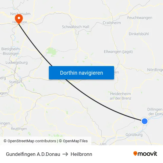 Gundelfingen A.D.Donau to Heilbronn map