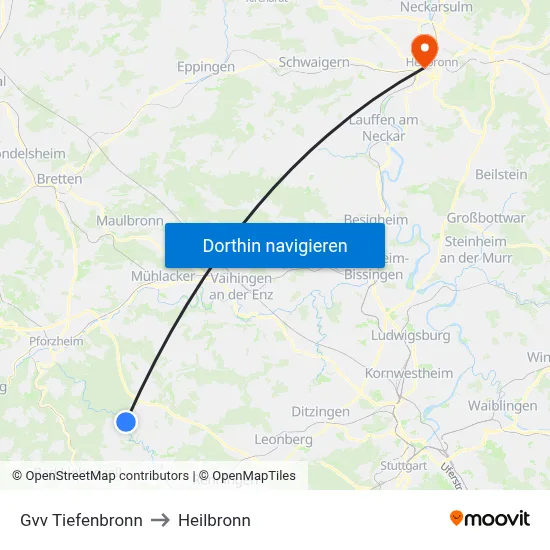 Gvv Tiefenbronn to Heilbronn map