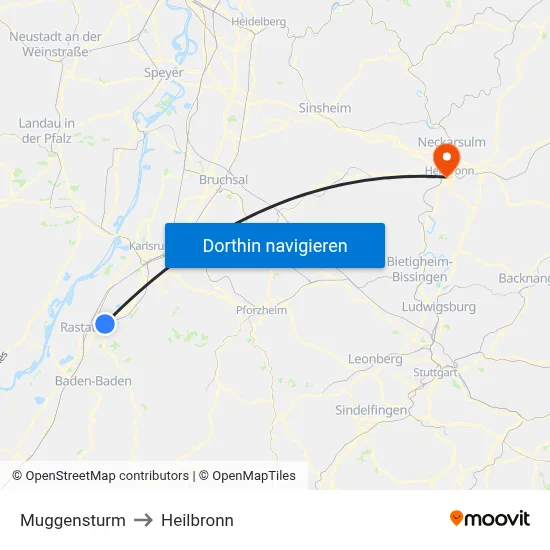 Muggensturm to Heilbronn map