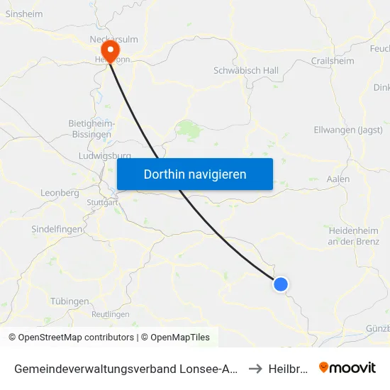 Gemeindeverwaltungsverband Lonsee-Amstetten to Heilbronn map