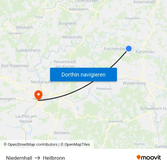 Niedernhall to Heilbronn map