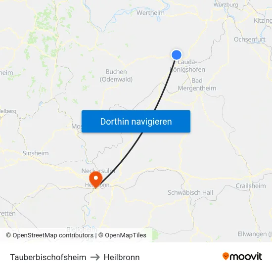 Tauberbischofsheim to Heilbronn map