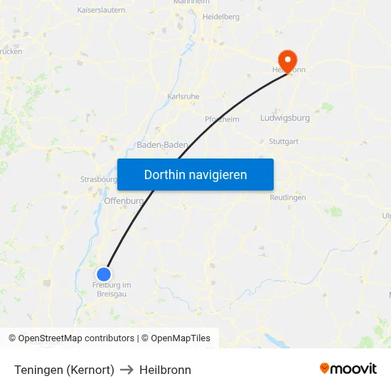 Teningen (Kernort) to Heilbronn map