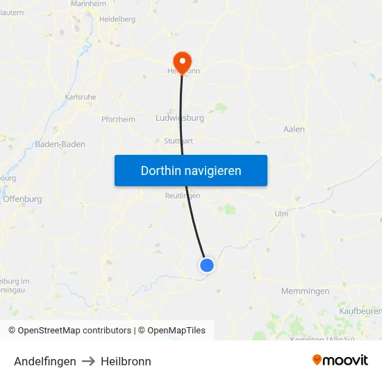 Andelfingen to Heilbronn map