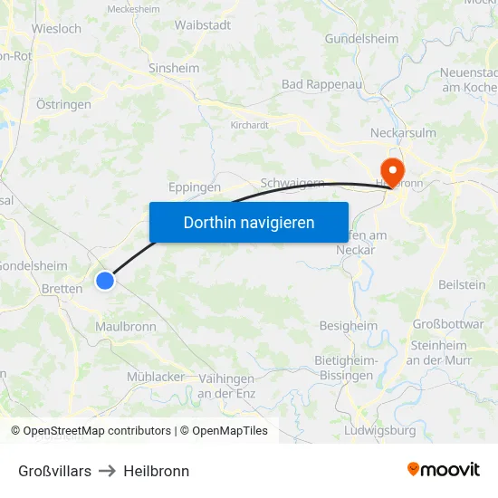 Großvillars to Heilbronn map