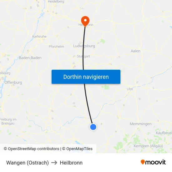 Wangen (Ostrach) to Heilbronn map