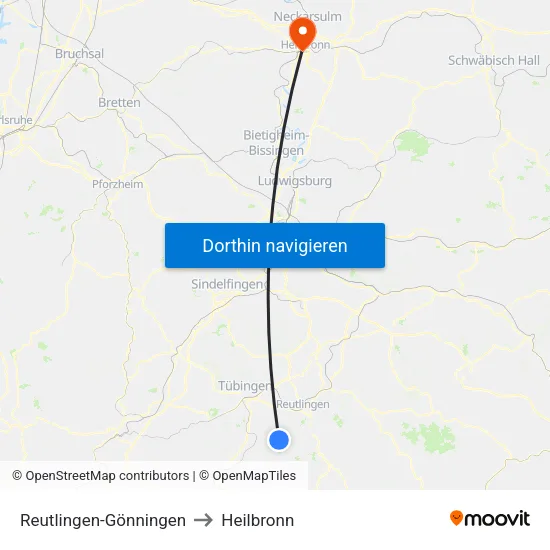 Reutlingen-Gönningen to Heilbronn map
