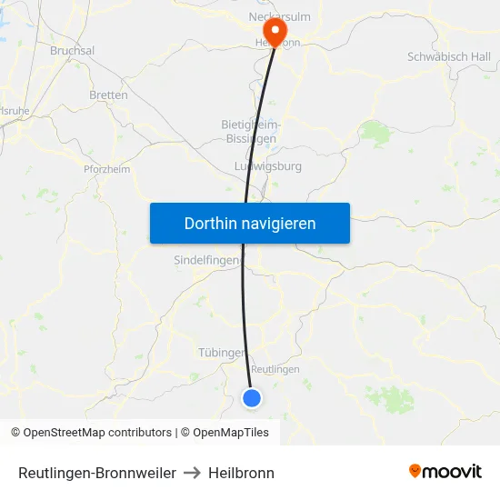 Reutlingen-Bronnweiler to Heilbronn map