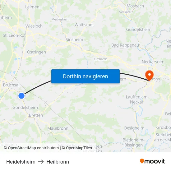 Heidelsheim to Heilbronn map