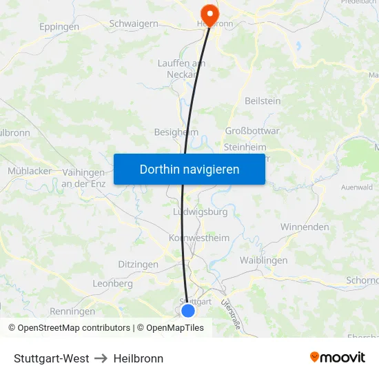 Stuttgart-West to Heilbronn map