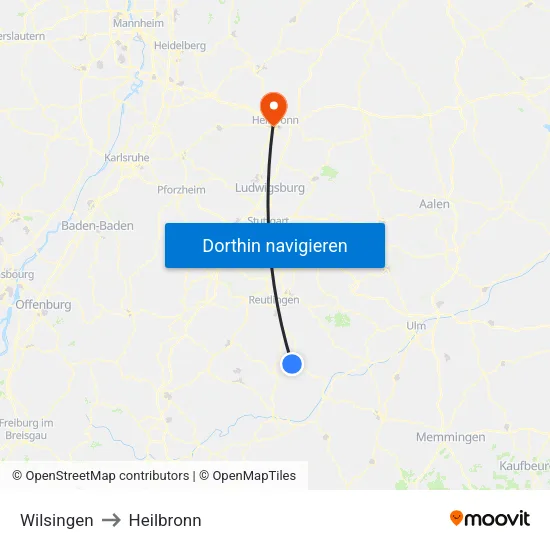 Wilsingen to Heilbronn map
