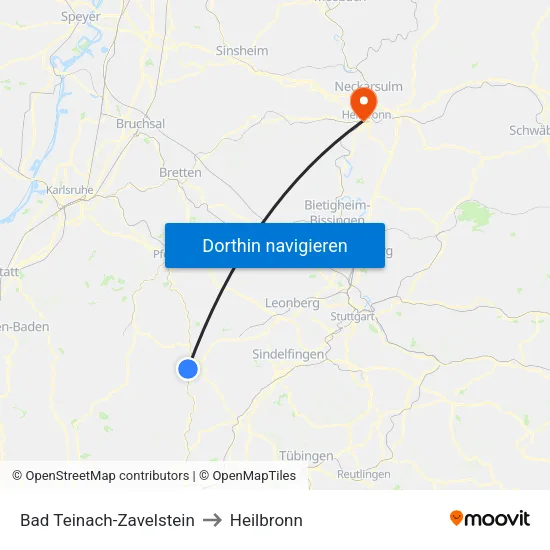 Bad Teinach-Zavelstein to Heilbronn map