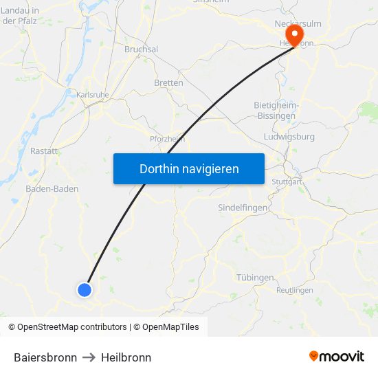 Baiersbronn to Heilbronn map