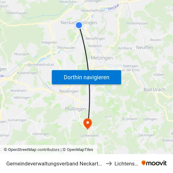 Gemeindeverwaltungsverband Neckartenzlingen to Lichtenstein map