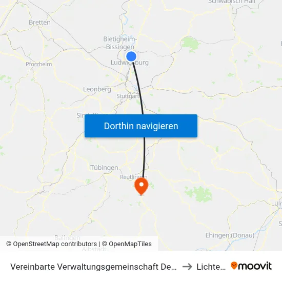Vereinbarte Verwaltungsgemeinschaft Der Stadt Freiberg am Neckar to Lichtenstein map