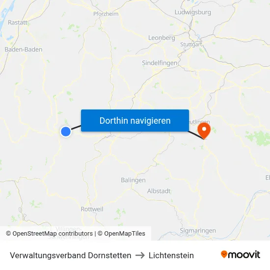 Verwaltungsverband Dornstetten to Lichtenstein map