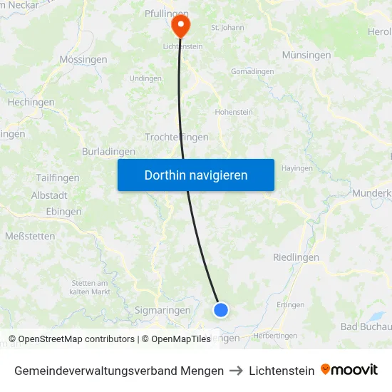Gemeindeverwaltungsverband Mengen to Lichtenstein map