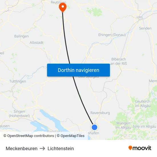 Meckenbeuren to Lichtenstein map